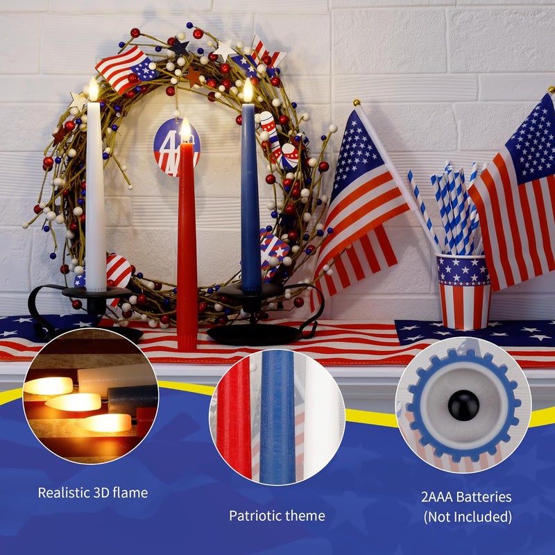AFINETH Patriotic Flameless Taper Candles With 3D Wick - 9.6" Real Wax Red White and Blue With Remote and Timer - 4th of July LED Battery Operated Fake Candles, 3 Pack - Image 3